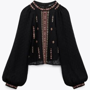 ZARA EMBROIDERED PLUMETIS BLOUSE SIZE S